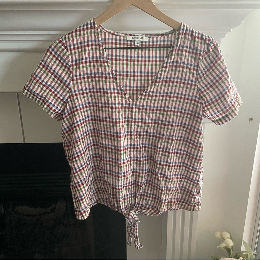 Madewell Novel Tie Front Top in Rainbow Gingham Check Size XS
